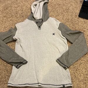 Gray and White Hooded Long Sleeve Shirt